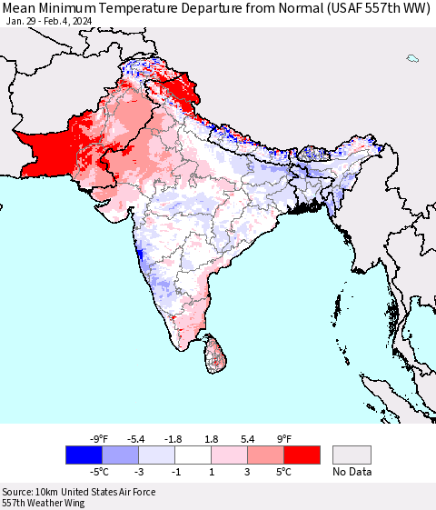 Southern Asia Mean Minimum Temperature Departure from Normal (USAF 557th WW) Thematic Map For 1/29/2024 - 2/4/2024
