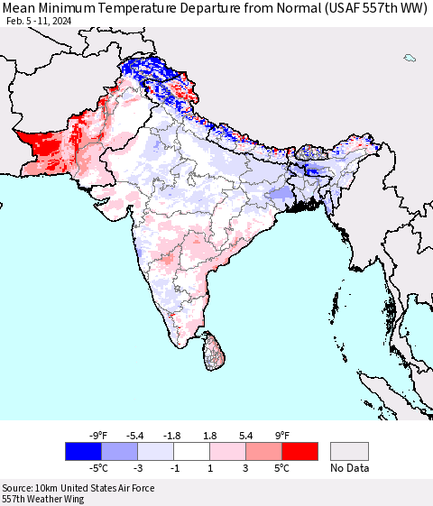 Southern Asia Mean Minimum Temperature Departure from Normal (USAF 557th WW) Thematic Map For 2/5/2024 - 2/11/2024