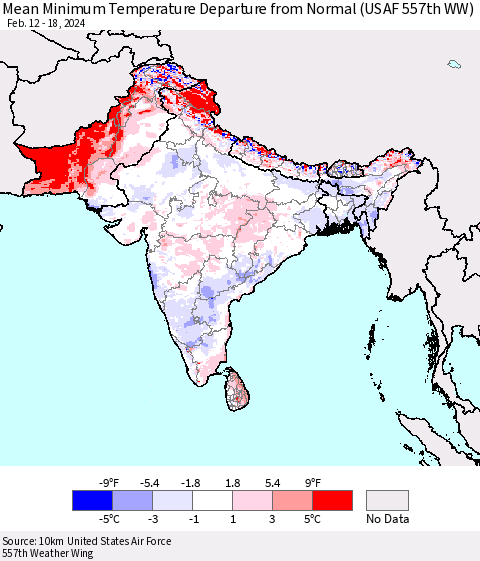 Southern Asia Mean Minimum Temperature Departure from Normal (USAF 557th WW) Thematic Map For 2/12/2024 - 2/18/2024