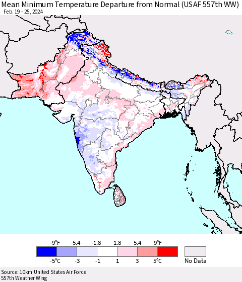 Southern Asia Mean Minimum Temperature Departure from Normal (USAF 557th WW) Thematic Map For 2/19/2024 - 2/25/2024