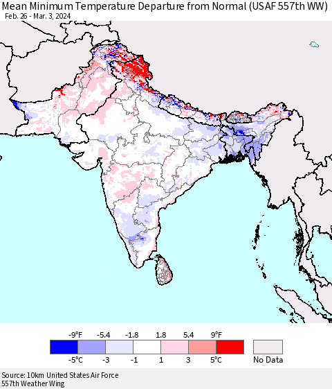 Southern Asia Mean Minimum Temperature Departure from Normal (USAF 557th WW) Thematic Map For 2/26/2024 - 3/3/2024