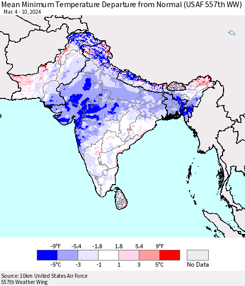 Southern Asia Mean Minimum Temperature Departure from Normal (USAF 557th WW) Thematic Map For 3/4/2024 - 3/10/2024