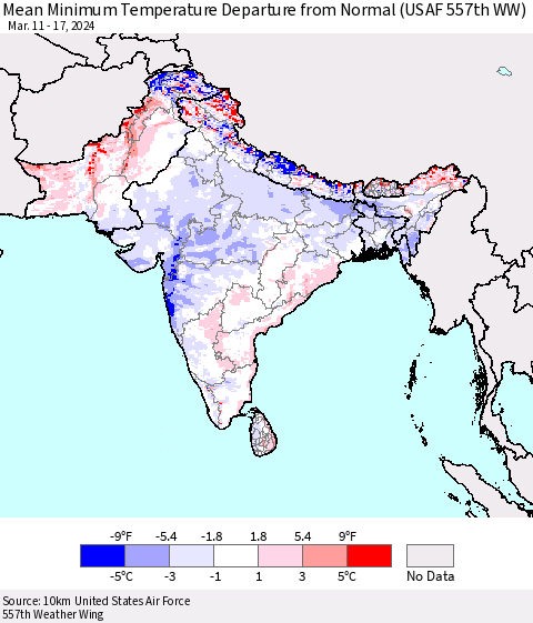 Southern Asia Mean Minimum Temperature Departure from Normal (USAF 557th WW) Thematic Map For 3/11/2024 - 3/17/2024