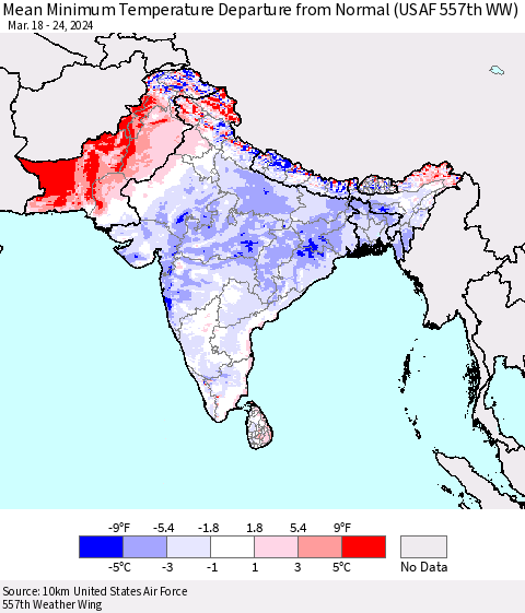 Southern Asia Mean Minimum Temperature Departure from Normal (USAF 557th WW) Thematic Map For 3/18/2024 - 3/24/2024