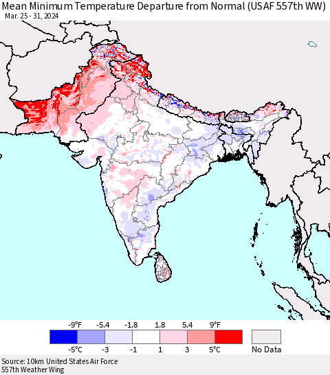 Southern Asia Mean Minimum Temperature Departure from Normal (USAF 557th WW) Thematic Map For 3/25/2024 - 3/31/2024
