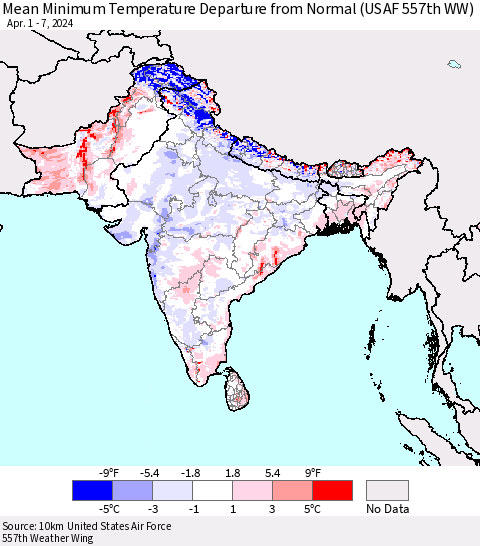 Southern Asia Mean Minimum Temperature Departure from Normal (USAF 557th WW) Thematic Map For 4/1/2024 - 4/7/2024