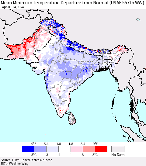 Southern Asia Mean Minimum Temperature Departure from Normal (USAF 557th WW) Thematic Map For 4/8/2024 - 4/14/2024