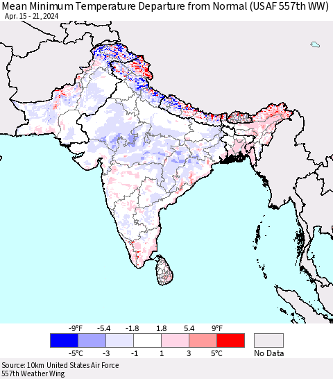Southern Asia Mean Minimum Temperature Departure from Normal (USAF 557th WW) Thematic Map For 4/15/2024 - 4/21/2024