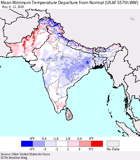 Southern Asia Mean Minimum Temperature Departure from Normal (USAF 557th WW) Thematic Map For 5/6/2024 - 5/12/2024