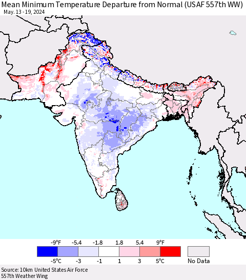 Southern Asia Mean Minimum Temperature Departure from Normal (USAF 557th WW) Thematic Map For 5/13/2024 - 5/19/2024