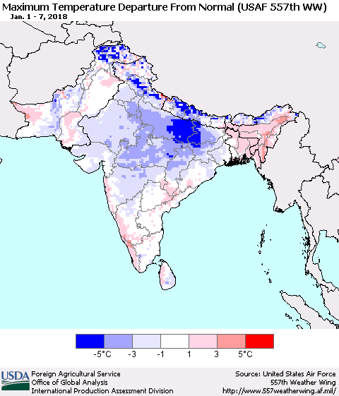 Southern Asia Mean Maximum Temperature Departure from Normal (USAF 557th WW) Thematic Map For 1/1/2018 - 1/7/2018
