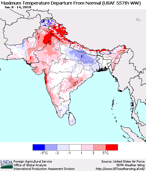 Southern Asia Mean Maximum Temperature Departure from Normal (USAF 557th WW) Thematic Map For 1/8/2018 - 1/14/2018