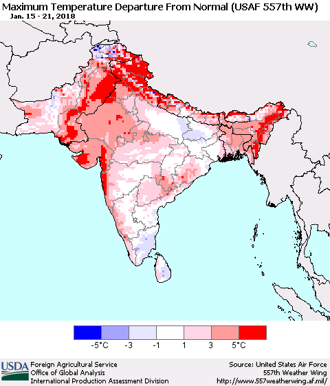 Southern Asia Mean Maximum Temperature Departure from Normal (USAF 557th WW) Thematic Map For 1/15/2018 - 1/21/2018