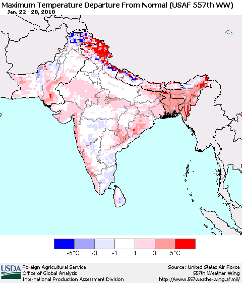Southern Asia Mean Maximum Temperature Departure from Normal (USAF 557th WW) Thematic Map For 1/22/2018 - 1/28/2018