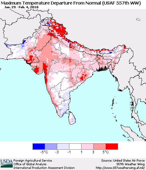 Southern Asia Mean Maximum Temperature Departure from Normal (USAF 557th WW) Thematic Map For 1/29/2018 - 2/4/2018