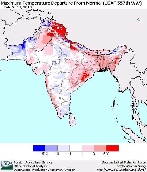 Southern Asia Mean Maximum Temperature Departure from Normal (USAF 557th WW) Thematic Map For 2/5/2018 - 2/11/2018