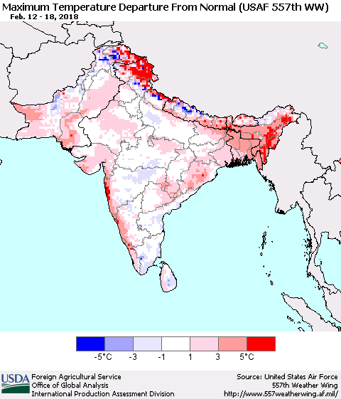 Southern Asia Mean Maximum Temperature Departure from Normal (USAF 557th WW) Thematic Map For 2/12/2018 - 2/18/2018