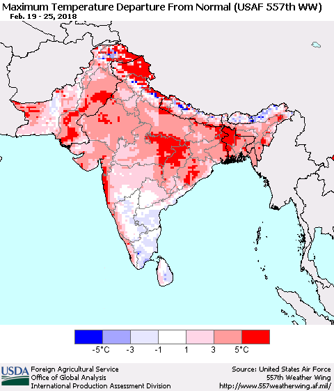 Southern Asia Mean Maximum Temperature Departure from Normal (USAF 557th WW) Thematic Map For 2/19/2018 - 2/25/2018