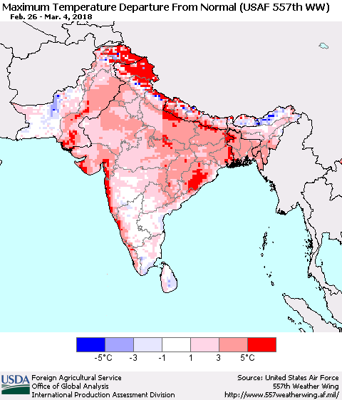 Southern Asia Mean Maximum Temperature Departure from Normal (USAF 557th WW) Thematic Map For 2/26/2018 - 3/4/2018