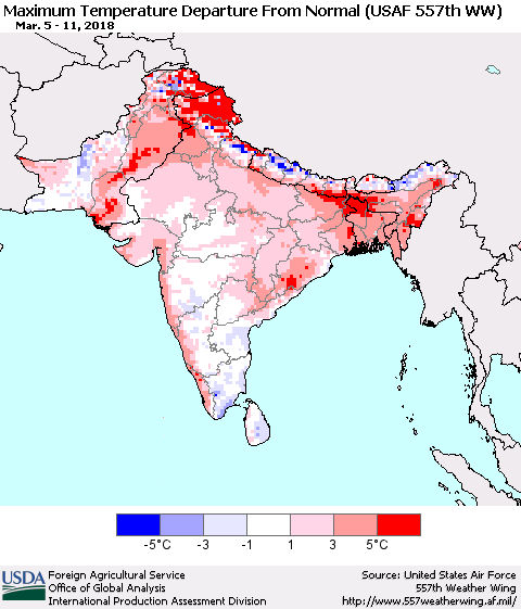 Southern Asia Mean Maximum Temperature Departure from Normal (USAF 557th WW) Thematic Map For 3/5/2018 - 3/11/2018