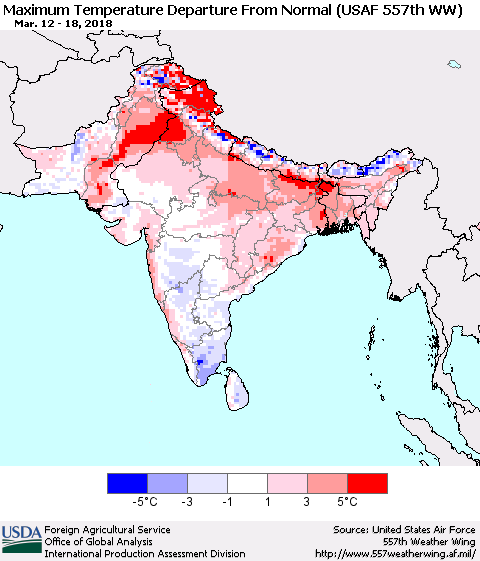 Southern Asia Mean Maximum Temperature Departure from Normal (USAF 557th WW) Thematic Map For 3/12/2018 - 3/18/2018