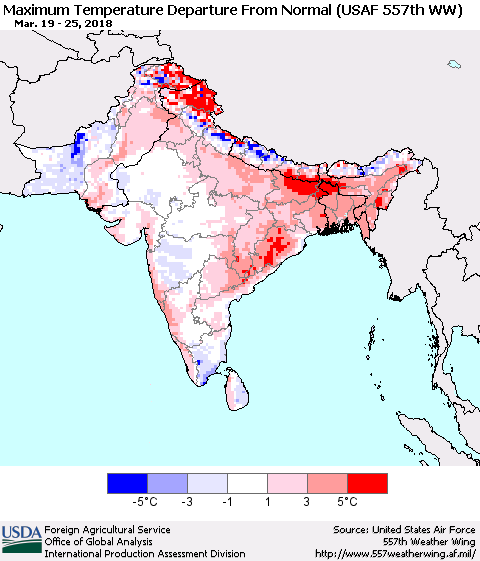 Southern Asia Mean Maximum Temperature Departure from Normal (USAF 557th WW) Thematic Map For 3/19/2018 - 3/25/2018