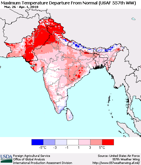 Southern Asia Mean Maximum Temperature Departure from Normal (USAF 557th WW) Thematic Map For 3/26/2018 - 4/1/2018