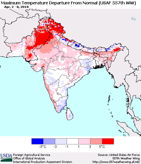 Southern Asia Mean Maximum Temperature Departure from Normal (USAF 557th WW) Thematic Map For 4/2/2018 - 4/8/2018
