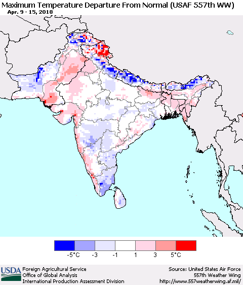 Southern Asia Mean Maximum Temperature Departure from Normal (USAF 557th WW) Thematic Map For 4/9/2018 - 4/15/2018