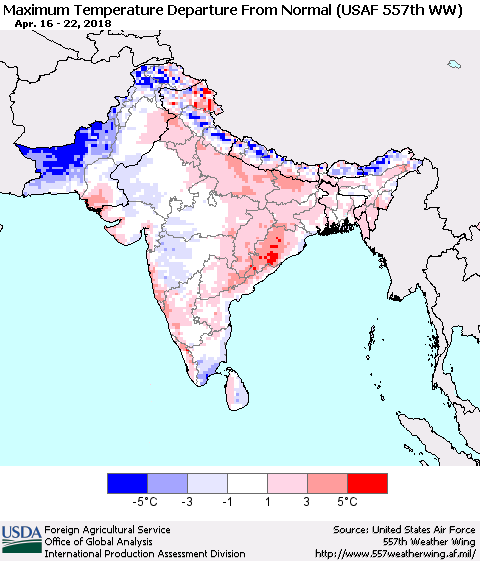 Southern Asia Mean Maximum Temperature Departure from Normal (USAF 557th WW) Thematic Map For 4/16/2018 - 4/22/2018