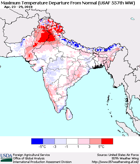 Southern Asia Mean Maximum Temperature Departure from Normal (USAF 557th WW) Thematic Map For 4/23/2018 - 4/29/2018