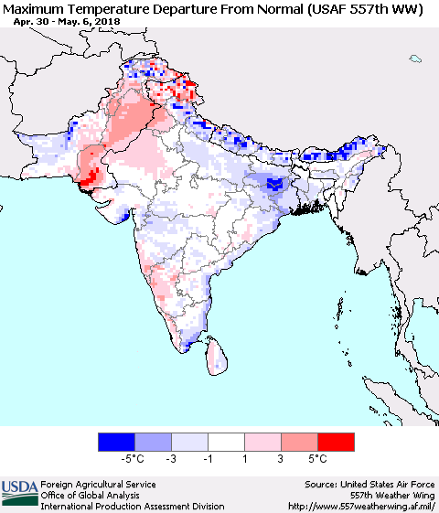 Southern Asia Mean Maximum Temperature Departure from Normal (USAF 557th WW) Thematic Map For 4/30/2018 - 5/6/2018