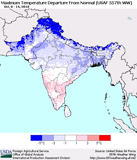 Southern Asia Mean Maximum Temperature Departure from Normal (USAF 557th WW) Thematic Map For 10/8/2018 - 10/14/2018