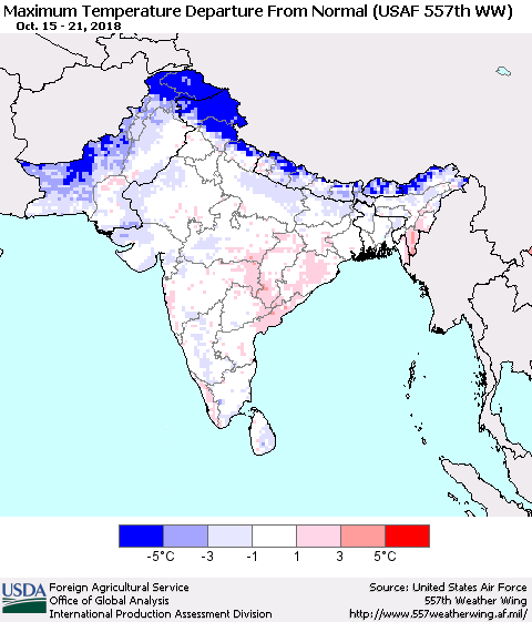 Southern Asia Mean Maximum Temperature Departure from Normal (USAF 557th WW) Thematic Map For 10/15/2018 - 10/21/2018