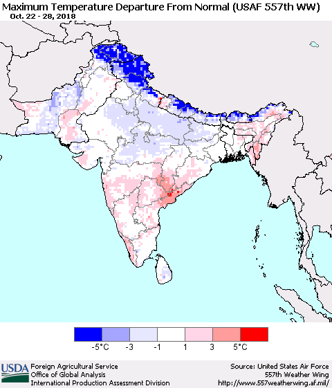 Southern Asia Mean Maximum Temperature Departure from Normal (USAF 557th WW) Thematic Map For 10/22/2018 - 10/28/2018