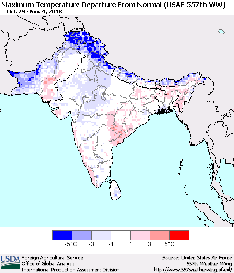 Southern Asia Mean Maximum Temperature Departure from Normal (USAF 557th WW) Thematic Map For 10/29/2018 - 11/4/2018