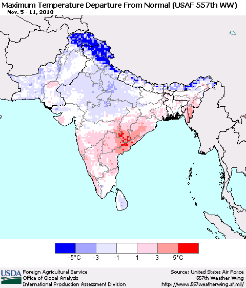 Southern Asia Mean Maximum Temperature Departure from Normal (USAF 557th WW) Thematic Map For 11/5/2018 - 11/11/2018