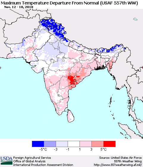Southern Asia Mean Maximum Temperature Departure from Normal (USAF 557th WW) Thematic Map For 11/12/2018 - 11/18/2018