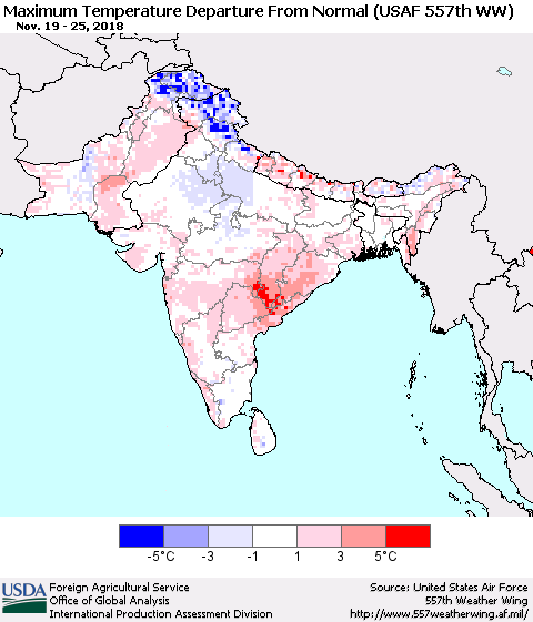 Southern Asia Mean Maximum Temperature Departure from Normal (USAF 557th WW) Thematic Map For 11/19/2018 - 11/25/2018