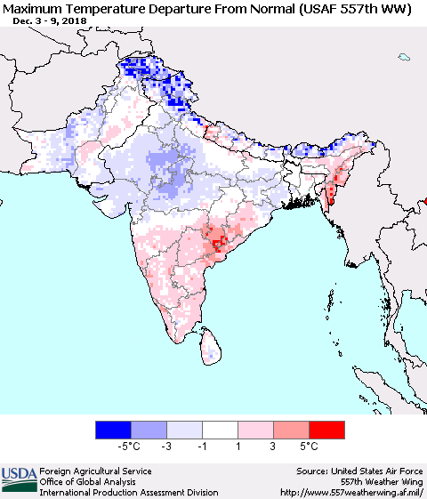 Southern Asia Mean Maximum Temperature Departure from Normal (USAF 557th WW) Thematic Map For 12/3/2018 - 12/9/2018