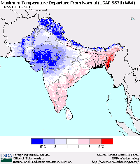 Southern Asia Mean Maximum Temperature Departure from Normal (USAF 557th WW) Thematic Map For 12/10/2018 - 12/16/2018