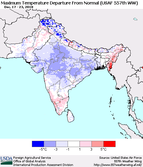 Southern Asia Mean Maximum Temperature Departure from Normal (USAF 557th WW) Thematic Map For 12/17/2018 - 12/23/2018