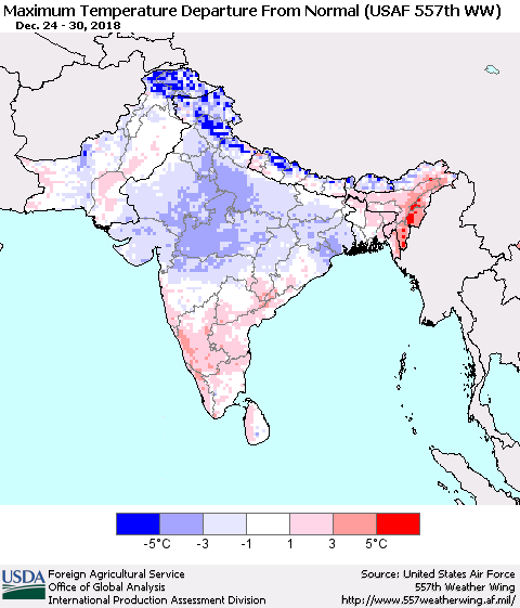 Southern Asia Mean Maximum Temperature Departure from Normal (USAF 557th WW) Thematic Map For 12/24/2018 - 12/30/2018