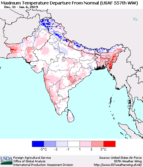 Southern Asia Mean Maximum Temperature Departure from Normal (USAF 557th WW) Thematic Map For 12/31/2018 - 1/6/2019