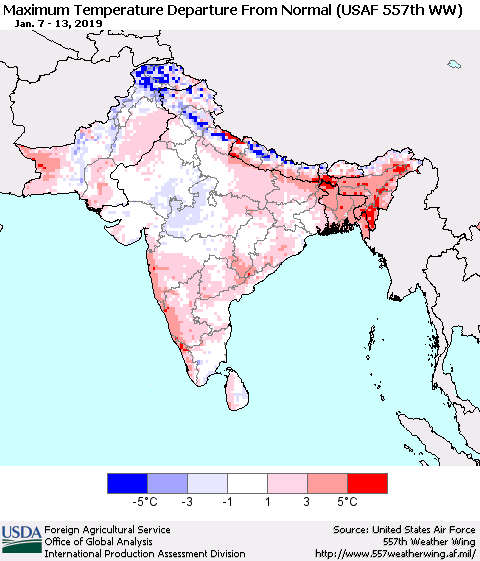 Southern Asia Mean Maximum Temperature Departure from Normal (USAF 557th WW) Thematic Map For 1/7/2019 - 1/13/2019