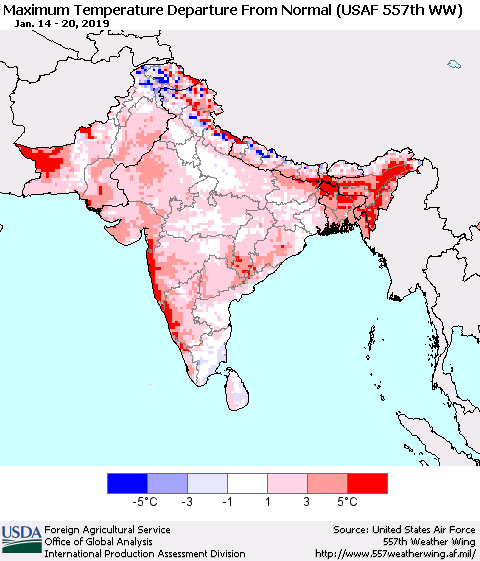 Southern Asia Mean Maximum Temperature Departure from Normal (USAF 557th WW) Thematic Map For 1/14/2019 - 1/20/2019