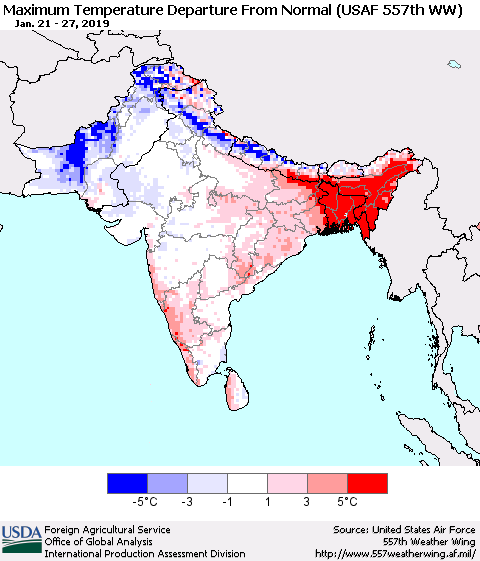 Southern Asia Mean Maximum Temperature Departure from Normal (USAF 557th WW) Thematic Map For 1/21/2019 - 1/27/2019
