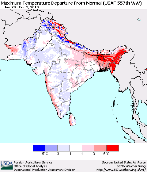 Southern Asia Mean Maximum Temperature Departure from Normal (USAF 557th WW) Thematic Map For 1/28/2019 - 2/3/2019