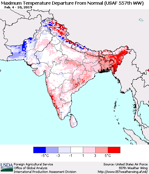 Southern Asia Mean Maximum Temperature Departure from Normal (USAF 557th WW) Thematic Map For 2/4/2019 - 2/10/2019