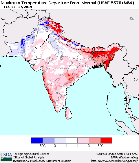 Southern Asia Mean Maximum Temperature Departure from Normal (USAF 557th WW) Thematic Map For 2/11/2019 - 2/17/2019